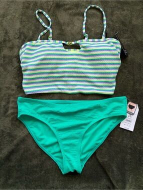 Striped Bandeau Bikini Top with Aqua Bikini Bottoms